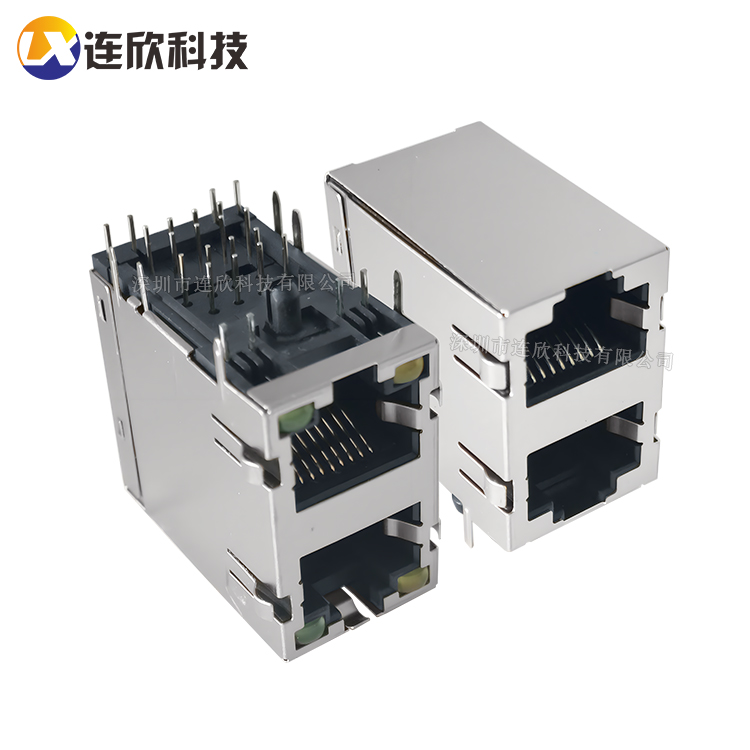 双层RJ45 1*2卧式插板座 带LED灯+带弹片  XDRJ-1609-002